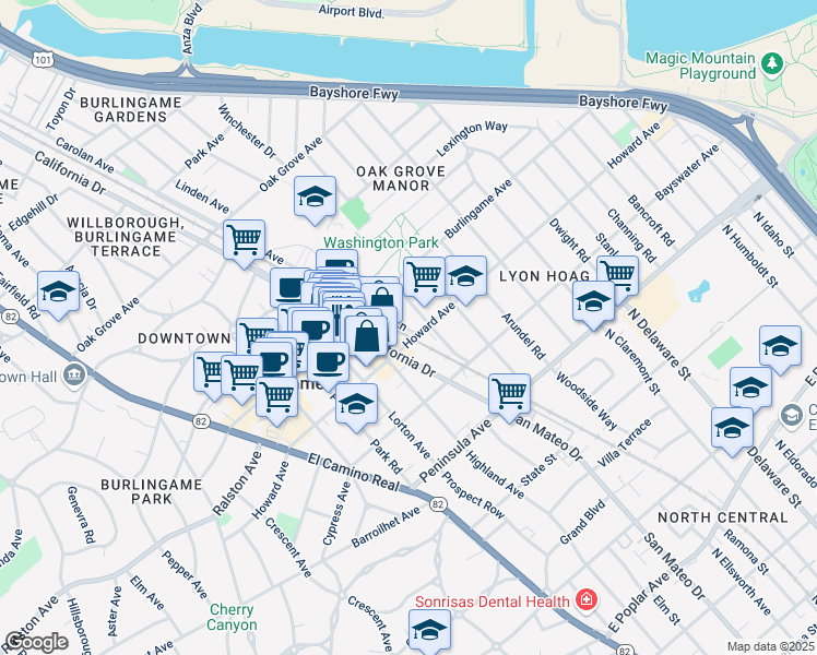 map of restaurants, bars, coffee shops, grocery stores, and more near 212 East Lane in Burlingame