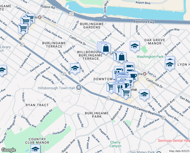 map of restaurants, bars, coffee shops, grocery stores, and more near 1440 Floribunda Avenue in Burlingame