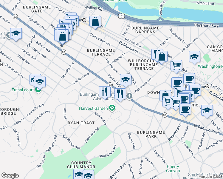 map of restaurants, bars, coffee shops, grocery stores, and more near 816 Walnut Avenue in Burlingame