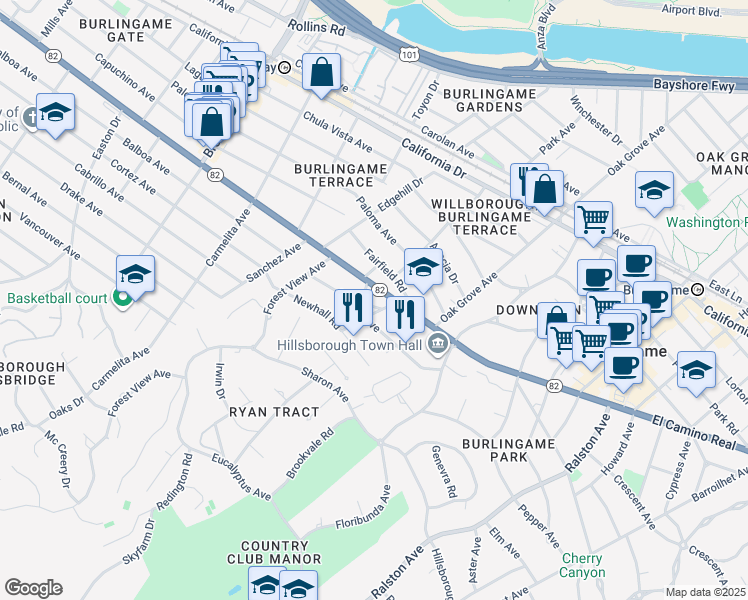 map of restaurants, bars, coffee shops, grocery stores, and more near 816 Walnut Avenue in Burlingame