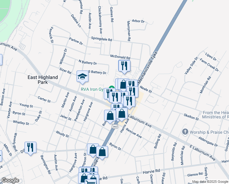 map of restaurants, bars, coffee shops, grocery stores, and more near 3901-3999 Adams Road in Richmond