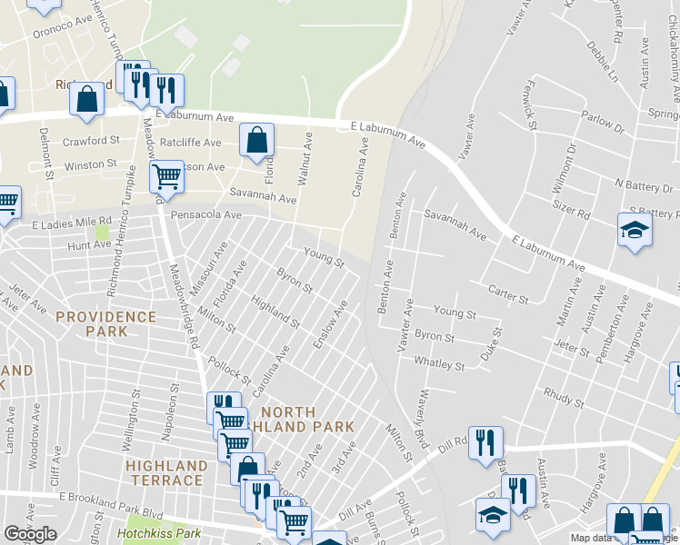 map of restaurants, bars, coffee shops, grocery stores, and more near 3619 Carolina Avenue in Richmond