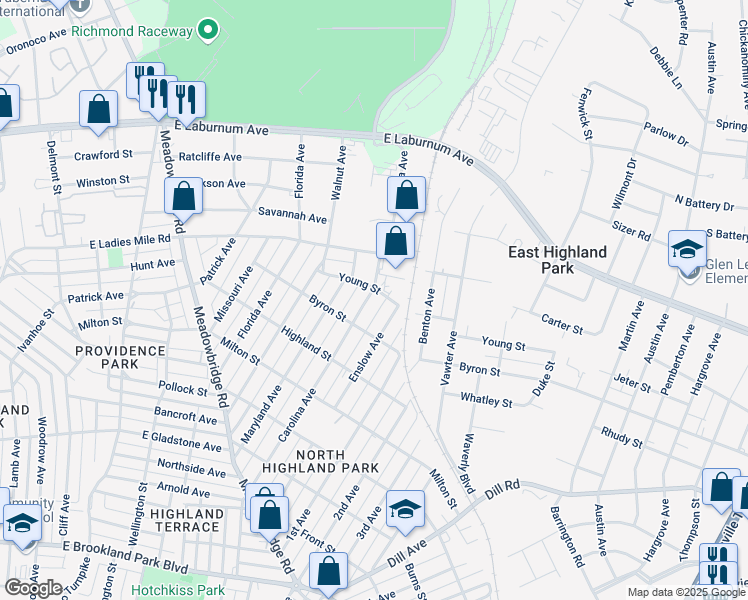map of restaurants, bars, coffee shops, grocery stores, and more near 3619 Carolina Avenue in Richmond