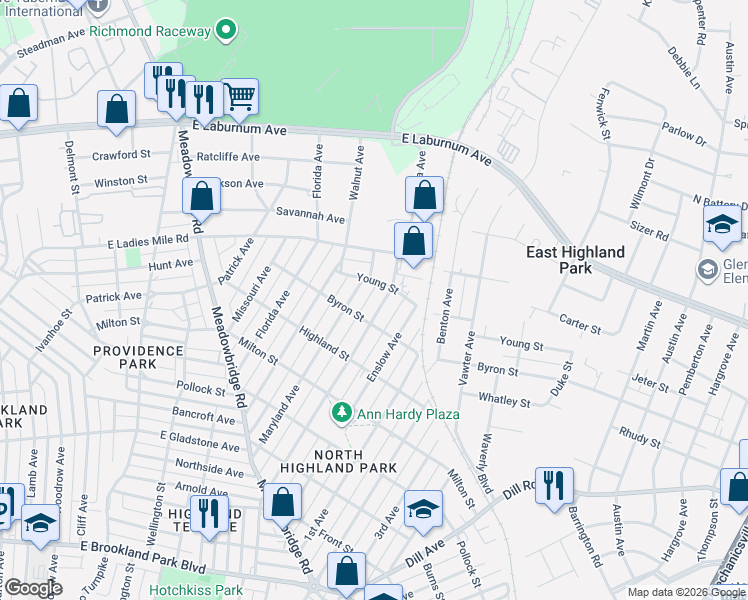map of restaurants, bars, coffee shops, grocery stores, and more near 3619 Carolina Avenue in Richmond
