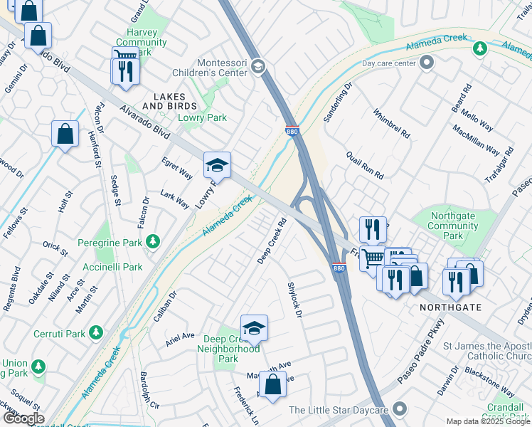 map of restaurants, bars, coffee shops, grocery stores, and more near 17 Laura Street in Fremont