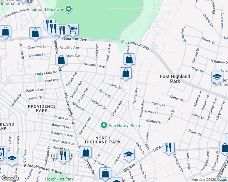 map of restaurants, bars, coffee shops, grocery stores, and more near 3619 Carolina Avenue in Richmond