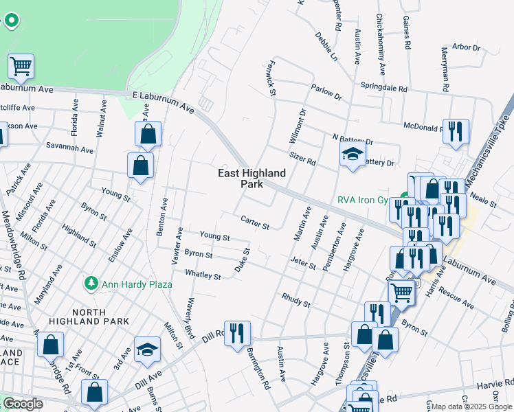 map of restaurants, bars, coffee shops, grocery stores, and more near 1603 Savannah Avenue in Richmond