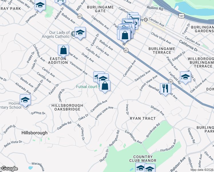 map of restaurants, bars, coffee shops, grocery stores, and more near 1124 Vancouver Avenue in Burlingame