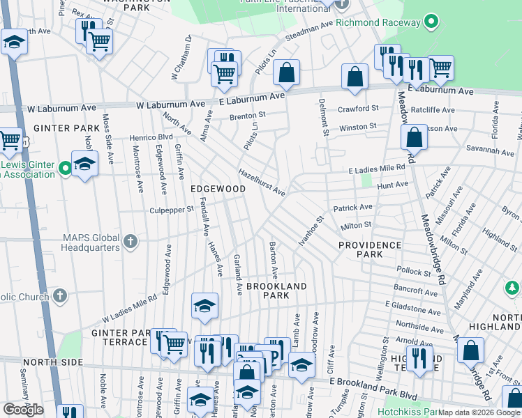 map of restaurants, bars, coffee shops, grocery stores, and more near 3503 North Avenue in Richmond