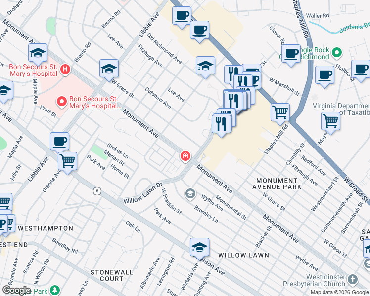 map of restaurants, bars, coffee shops, grocery stores, and more near 5202 Monument Avenue in Richmond