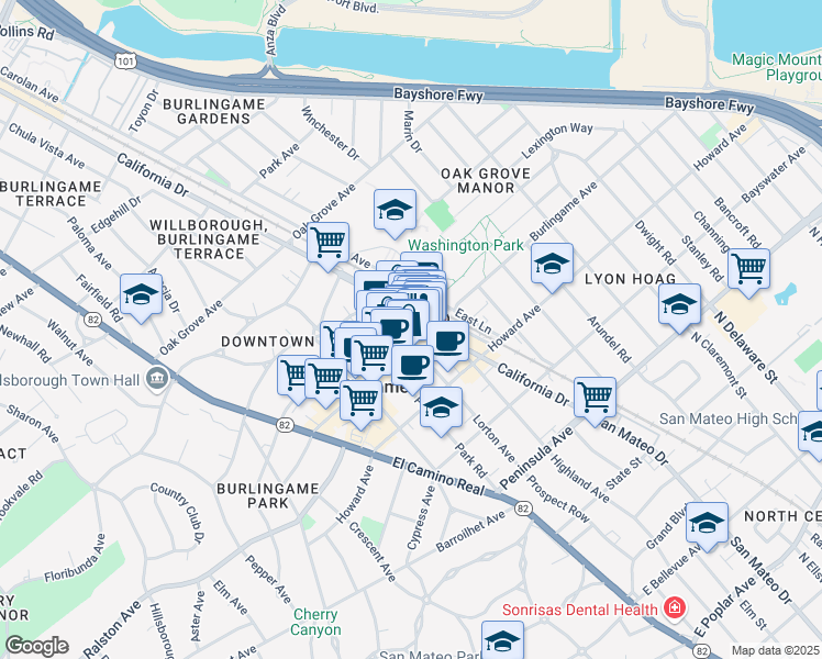 map of restaurants, bars, coffee shops, grocery stores, and more near 310 Lorton Avenue in Burlingame