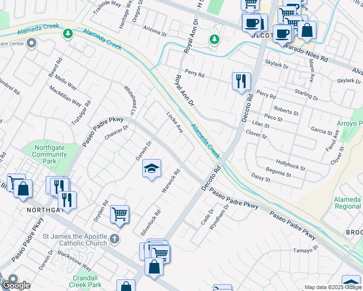 map of restaurants, bars, coffee shops, grocery stores, and more near 3063 Locke Court in Fremont