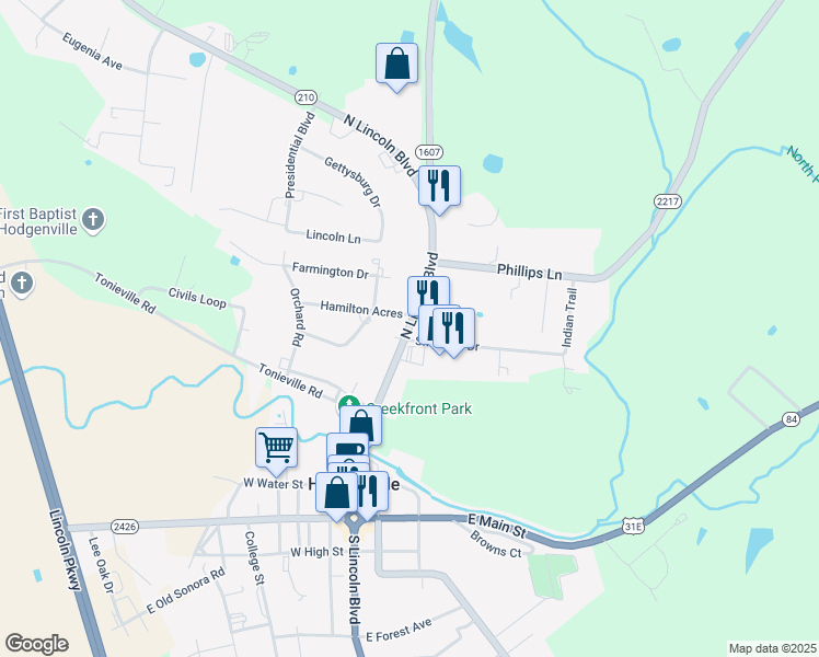 map of restaurants, bars, coffee shops, grocery stores, and more near North Lincoln Boulevard in Hodgenville