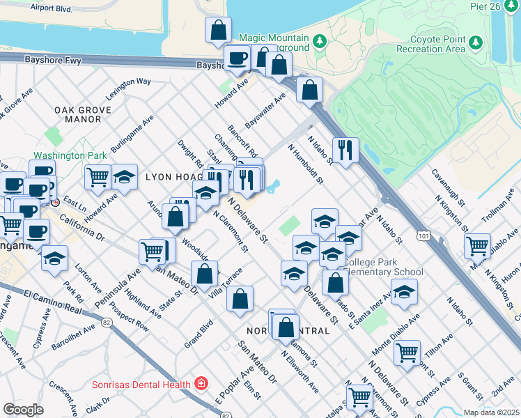 map of restaurants, bars, coffee shops, grocery stores, and more near 816 North Delaware Street in San Mateo