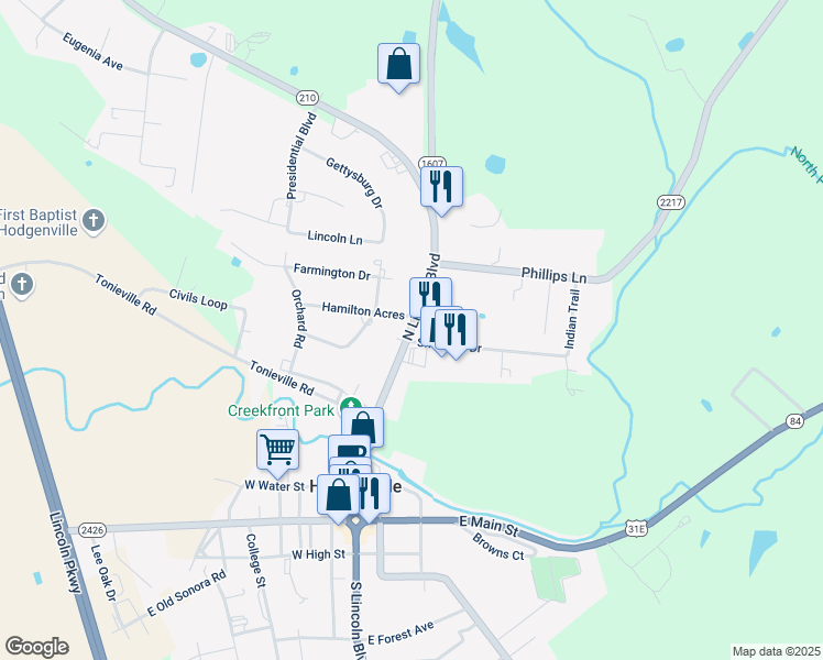 map of restaurants, bars, coffee shops, grocery stores, and more near North Lincoln Boulevard in Hodgenville