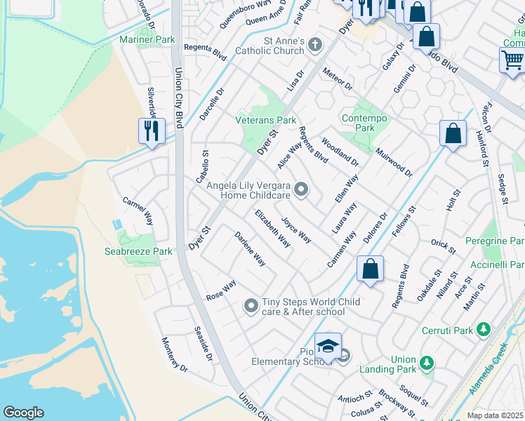 map of restaurants, bars, coffee shops, grocery stores, and more near 32409 Elizabeth Way in Union City