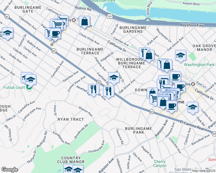 map of restaurants, bars, coffee shops, grocery stores, and more near 740 El Camino Real in Burlingame