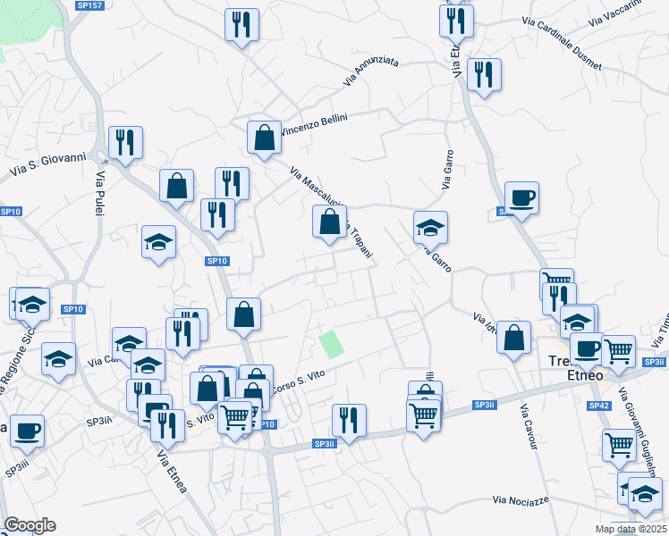 map of restaurants, bars, coffee shops, grocery stores, and more near 7 Via Acireale in Tremestieri Etneo
