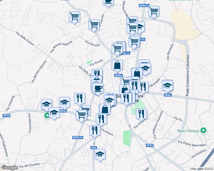 map of restaurants, bars, coffee shops, grocery stores, and more near 53 Via Pennisi in San Giovanni La Punta