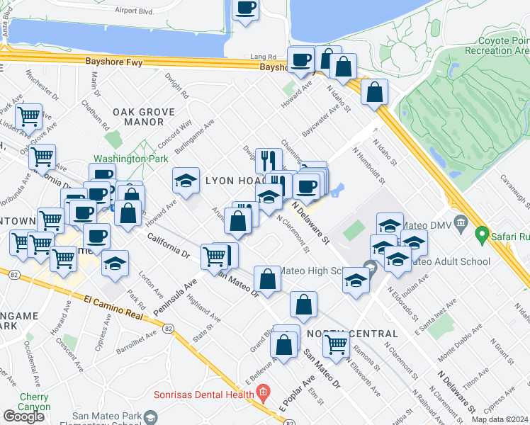 map of restaurants, bars, coffee shops, grocery stores, and more near 871 North Claremont Street in San Mateo