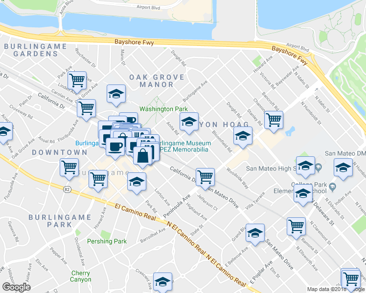 map of restaurants, bars, coffee shops, grocery stores, and more near 132 Myrtle Road in Burlingame