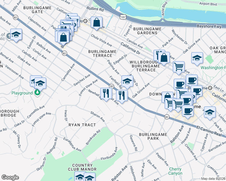 map of restaurants, bars, coffee shops, grocery stores, and more near 816 Walnut Avenue in Burlingame