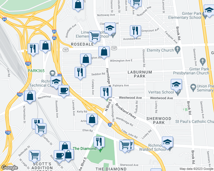 map of restaurants, bars, coffee shops, grocery stores, and more near in Richmond