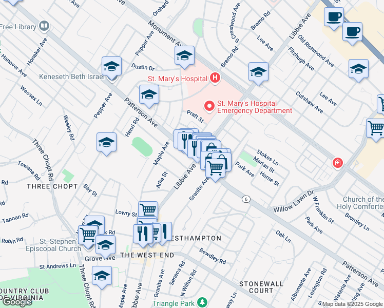map of restaurants, bars, coffee shops, grocery stores, and more near 5730 Virginia 6 in Richmond