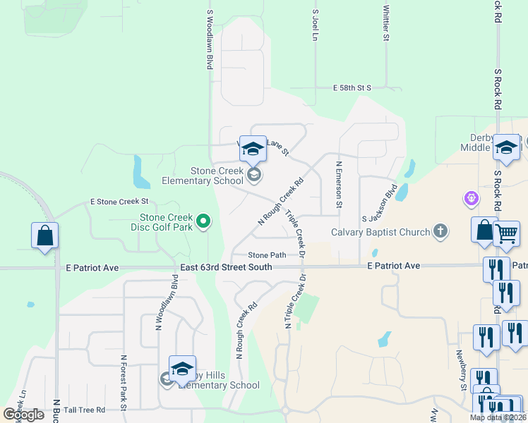map of restaurants, bars, coffee shops, grocery stores, and more near 2921 North Rough Creek Road in Derby