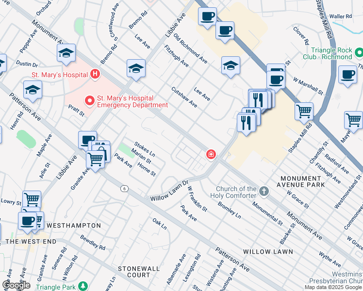 map of restaurants, bars, coffee shops, grocery stores, and more near 1231 Byrd Avenue in Richmond