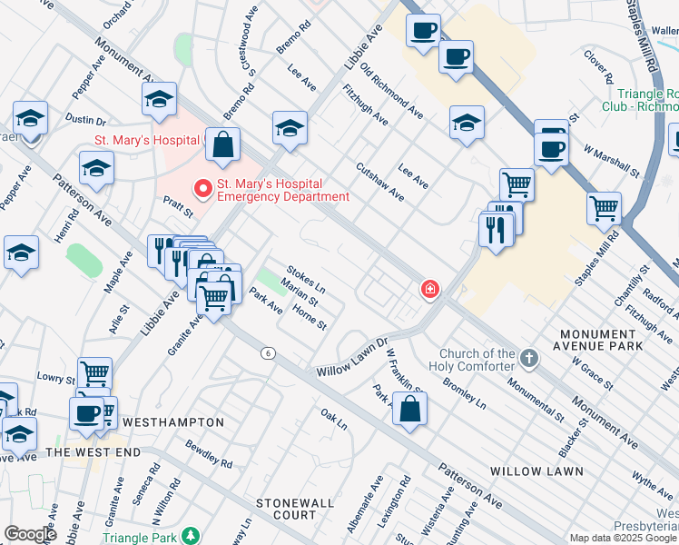 map of restaurants, bars, coffee shops, grocery stores, and more near 5308 Wythe Avenue in Richmond