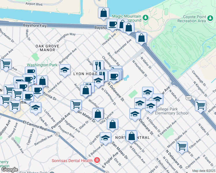 map of restaurants, bars, coffee shops, grocery stores, and more near 845 North Delaware Street in San Mateo