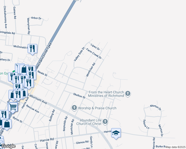 map of restaurants, bars, coffee shops, grocery stores, and more near 2716 Bolling Terrace in Richmond