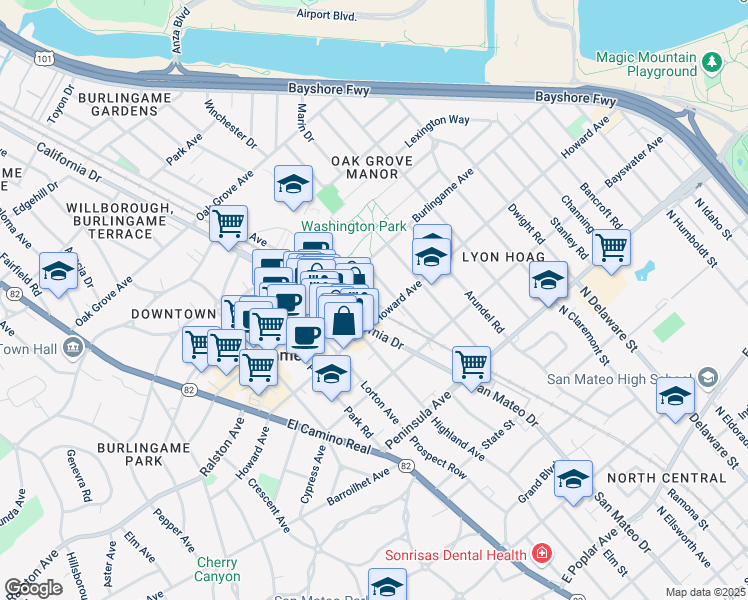 map of restaurants, bars, coffee shops, grocery stores, and more near 212 East Lane in Burlingame