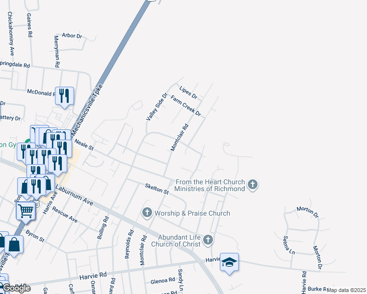 map of restaurants, bars, coffee shops, grocery stores, and more near 2716 Bolling Terrace in Richmond