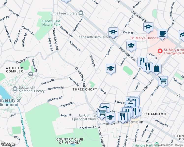 map of restaurants, bars, coffee shops, grocery stores, and more near 115 Pepper Avenue in Richmond