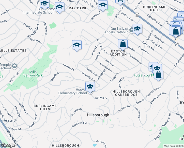 map of restaurants, bars, coffee shops, grocery stores, and more near 1425 Benito Avenue in Burlingame