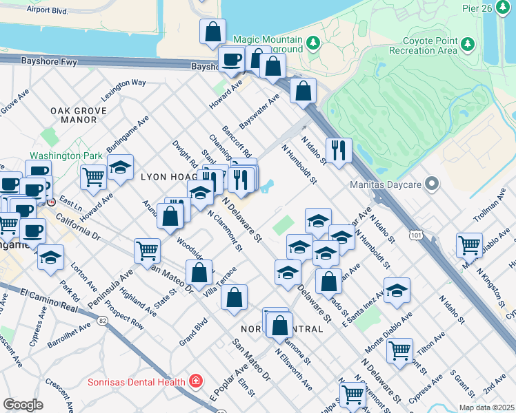 map of restaurants, bars, coffee shops, grocery stores, and more near 820 North Delaware Street in San Mateo