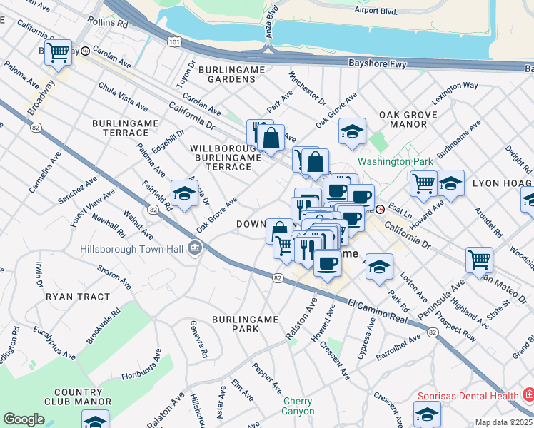 map of restaurants, bars, coffee shops, grocery stores, and more near 1415 Floribunda Avenue in Burlingame