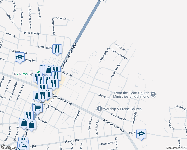 map of restaurants, bars, coffee shops, grocery stores, and more near 3916 Bolling Road in Richmond