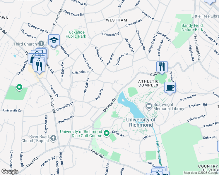 map of restaurants, bars, coffee shops, grocery stores, and more near 6801 Lakewood Drive in Richmond