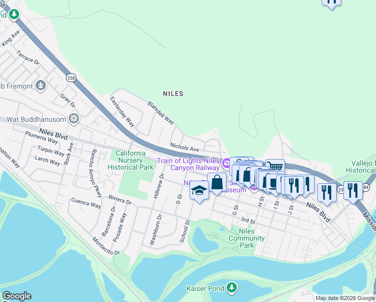 map of restaurants, bars, coffee shops, grocery stores, and more near 36691 Nichols Avenue in Fremont
