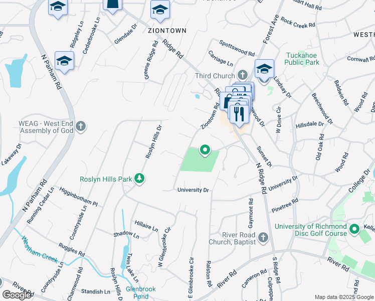 map of restaurants, bars, coffee shops, grocery stores, and more near 346 Ziontown Road in Henrico