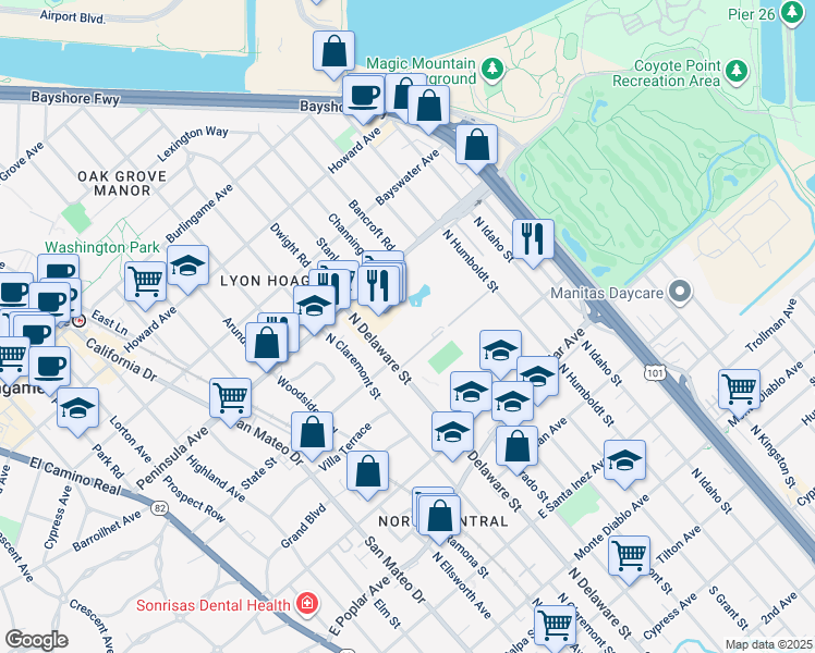 map of restaurants, bars, coffee shops, grocery stores, and more near 820 North Delaware Street in San Mateo