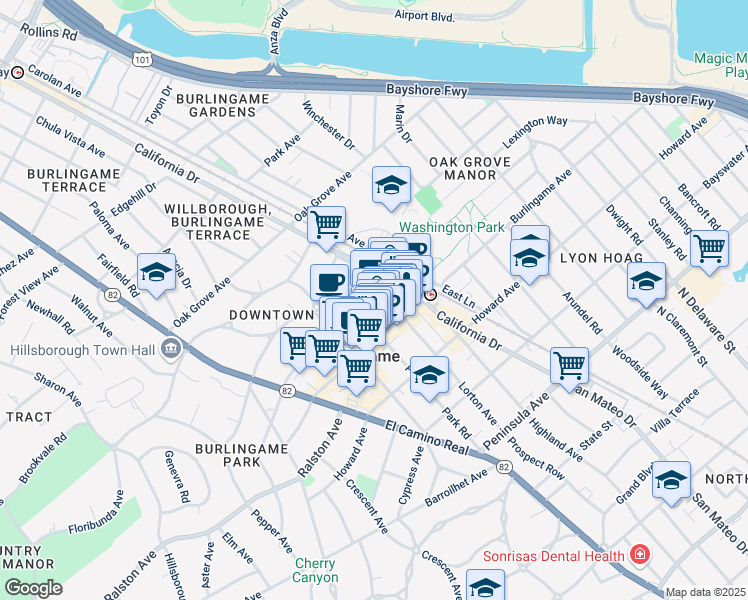 map of restaurants, bars, coffee shops, grocery stores, and more near 1208 Donnelly Avenue in Burlingame