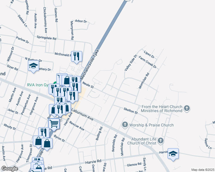 map of restaurants, bars, coffee shops, grocery stores, and more near 2701 Darton Drive in Richmond