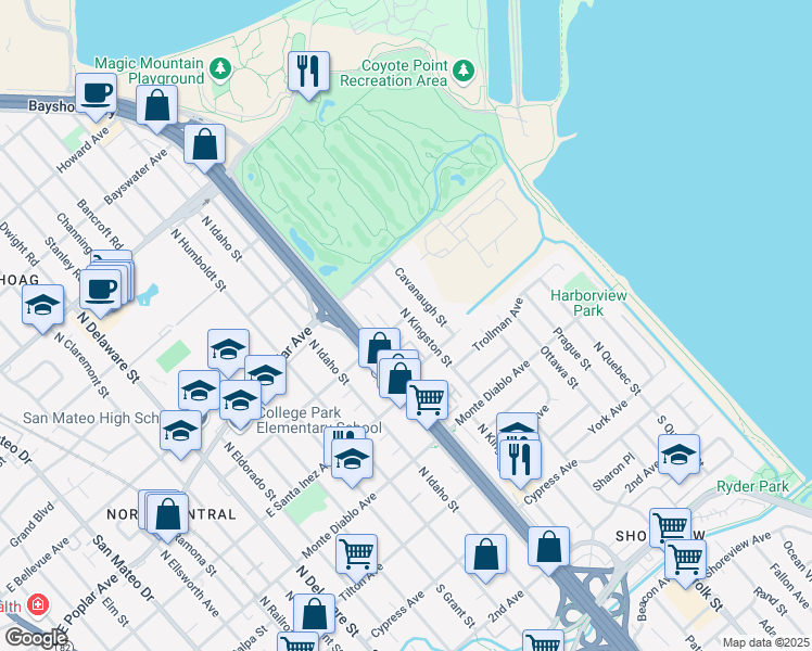 map of restaurants, bars, coffee shops, grocery stores, and more near 401 Rogell Avenue in San Mateo