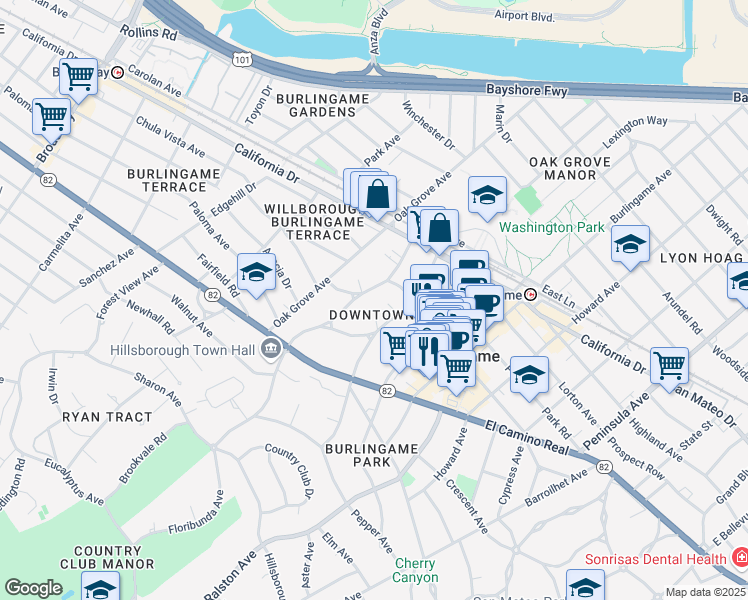 map of restaurants, bars, coffee shops, grocery stores, and more near 1415 Floribunda Avenue in Burlingame