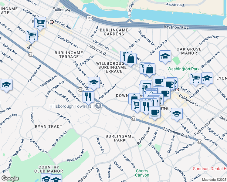 map of restaurants, bars, coffee shops, grocery stores, and more near 1440 Floribunda Avenue in Burlingame