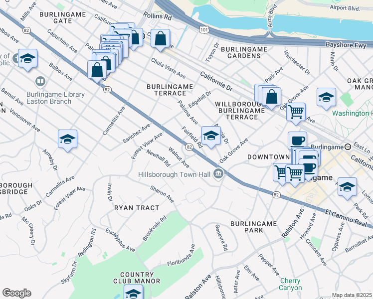 map of restaurants, bars, coffee shops, grocery stores, and more near 816 Walnut Avenue in Burlingame